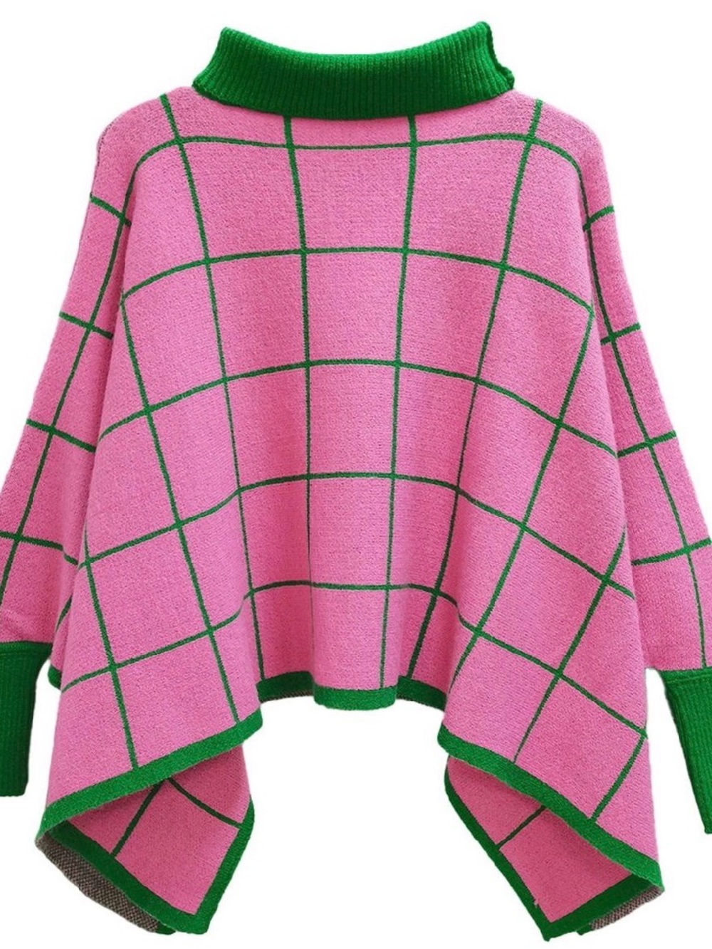 Pink & Green Grid Knit Sweater Poncho - Women